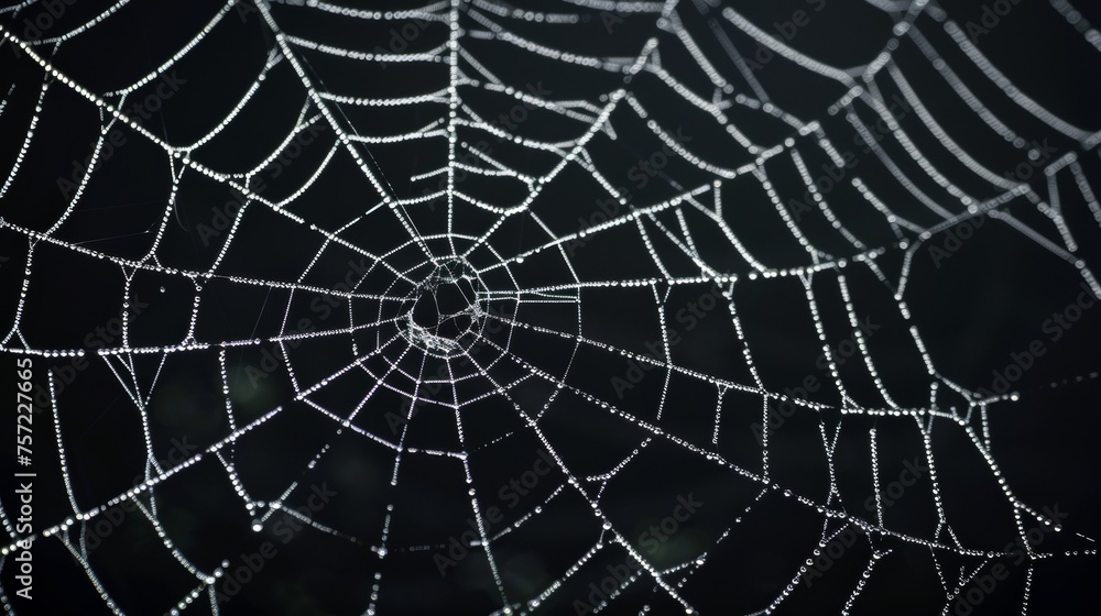 This is a realistic spider web background with spooky cobwebs on a black background. It is a creepy decoration texture with a white thin sticky thread line. This is an arachnid trap for insects.