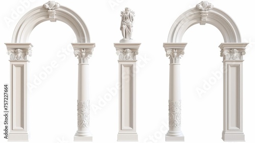 The Roman arch was made of white clay with decorative ornate bands. 3D illustration of a greek stone pillar adorning the door or window of a temple building. Antique classic architecture archway..