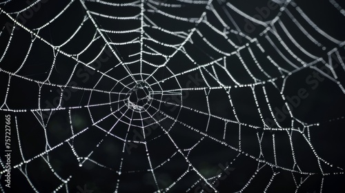 This is a realistic spider web background with spooky cobwebs on a black background. It is a creepy decoration texture with a white thin sticky thread line. This is an arachnid trap for insects. © Mark