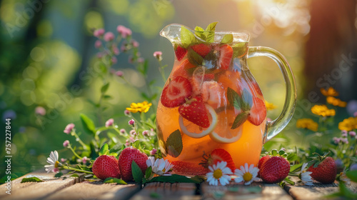 A sunlit pitcher of strawberry infused water in a garden, surrounded by fresh strawberries and wildflowers