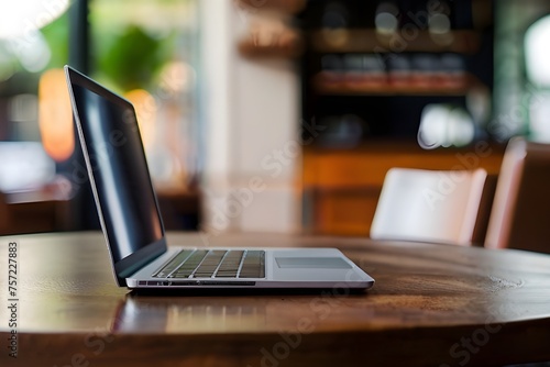 Desk Laptop with blank screen on table of coffee shop blur background Generative AI