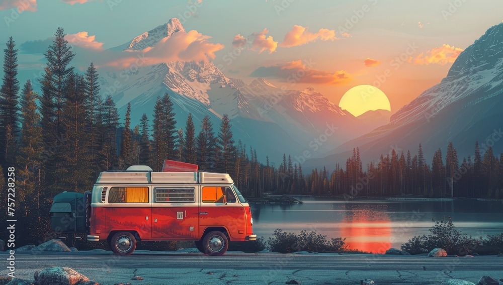 Camping van on the road, sunset in the style of sea, mountains in the background