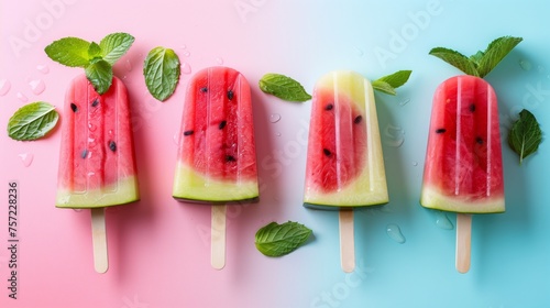 Watermelon Popsicles on colorful background. Refreshing summer fruit concept.