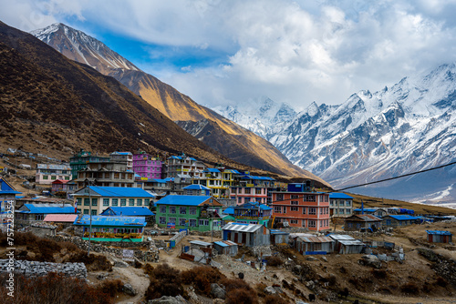 Colorful Settlement of Kyanjin Gompa at 3870 Meters, Surrounded by the Snowy Himalayas, Langtang, Nepal photo