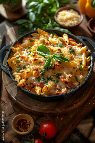 A delicious dish of pasta and cheese is served in a skillet on a wooden table, perfect for a comforting meal. The recipe includes ingredients like cheese, pasta, and bellini