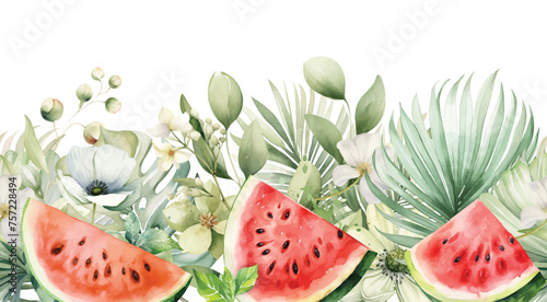 Watercolor tropical seamless pattern with watermelon, flowers and palm leaves illustration