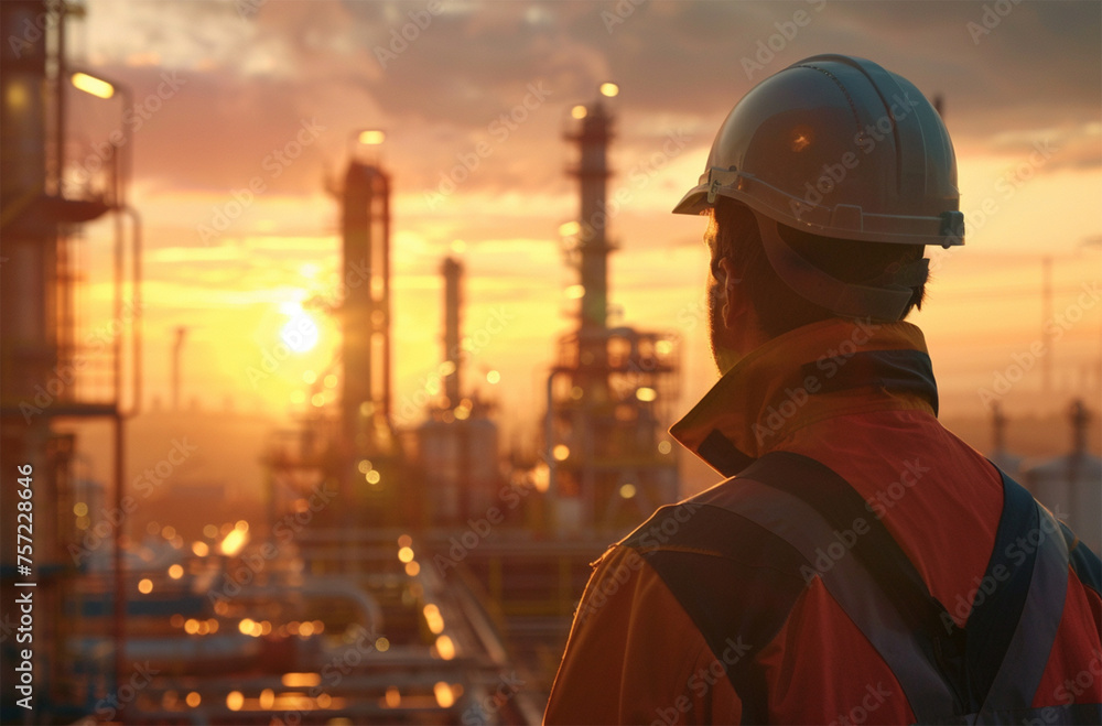 Engineer or Technician at the Oil and gas refinery plant at sunset or sunrise time Engineer or Technician at the Oil and gas refinery plant at sunset or sunrise time
