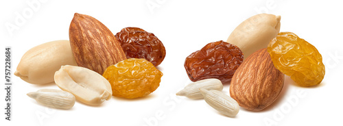 Almond, peanut, sunflower seeds, yellow and red raisins set isolated on white background