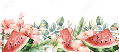 Watercolor tropical seamless pattern with watermelon, flowers and palm leaves illustration