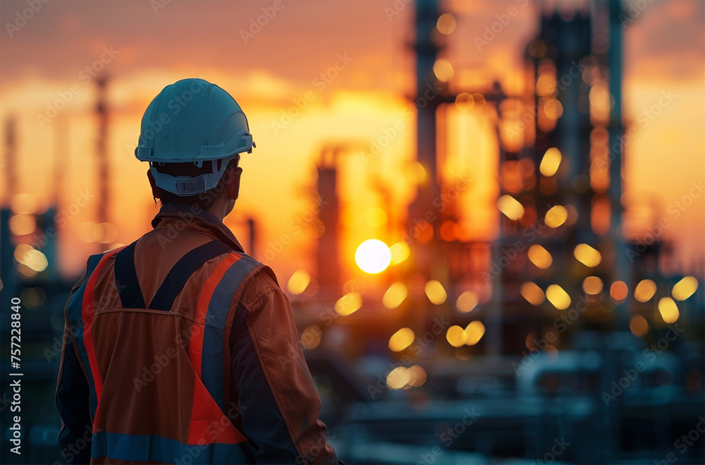 Engineer or Technician at the Oil and gas refinery plant at sunset or sunrise time Engineer or Technician at the Oil and gas refinery plant at sunset or sunrise time