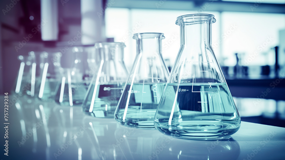 A series of glass Erlenmeyer flasks with liquid, aligned on a reflective surface in a bright, modern laboratory