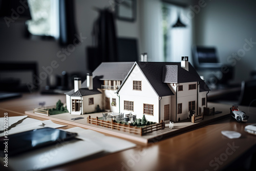A detailed architectural model of a house is displayed on a desk, surrounded by various office items