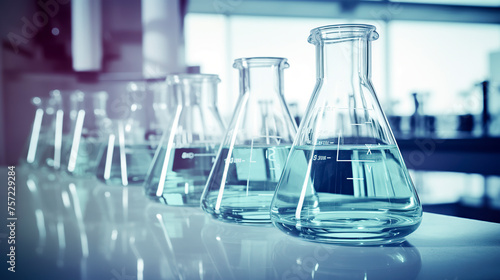 A series of glass Erlenmeyer flasks with liquid, aligned on a reflective surface in a bright, modern laboratory