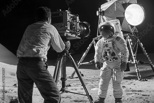 Cameraman films an astronaut actor on a movie set, black and white, artist's impression, fake moon landing conspiracy theory