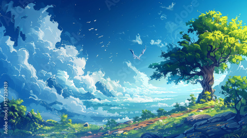 A vibrant digital painting of a lone tree on a cliff with birds in flight overlooking a breathtaking mountain valley.