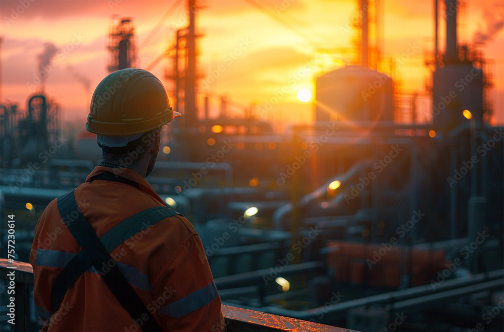 Engineer or Technician at the Oil and gas refinery plant at sunset or sunrise time Engineer or Technician at the Oil and gas refinery plant at sunset or sunrise time