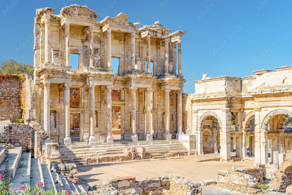 Selcuk, Turkey- A view of the Greek ruins of Ephesus in Turkey showing the Gate of Augustus and Library of Celsus.