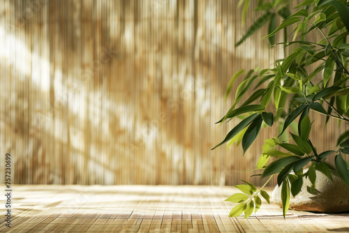 Tranquil Bamboo Plant on Tatami Mat. A potted bamboo plant rests on a tatami mat  evoking a sense of peace and tranquility  with a soft  defocused bamboo wall in the background.