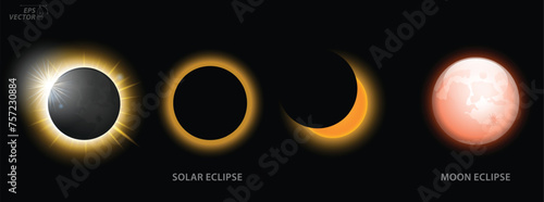 Solar Eclipse and Moon Eclipse phases. 3D Illustration