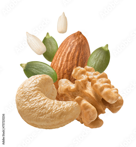 Walnut, almond, cashew nuts, pumpkin and sunflower seeds isolated on white background. Salad mix