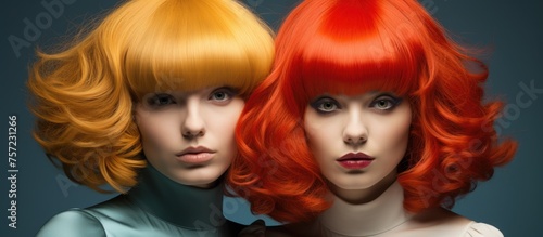 Two women with contrasting hair colors stand side by side, showcasing unique hairstyles. Their eyes, mouths, and jawlines complement their different looks © AkuAku