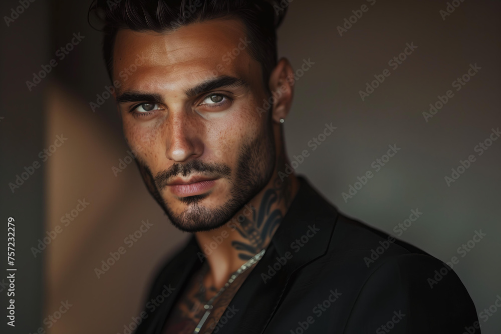 Obraz premium tanned skin, hot and attractive Italian mafia billionaire with a tattoo on his neck , wearing a luxurious black suit. Looking at camera with piercing and sensual gaze