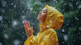 Girl Enjoying Rain in Yellow Raincoat. woman in a yellow raincoat looks up and raises her hands to catch the rain