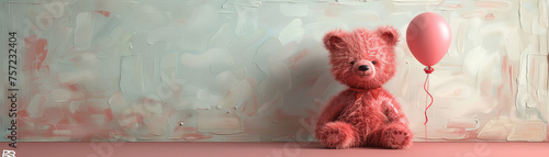 In a world of minimal 3D art a pink bear gently grips a balloon