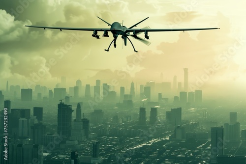 Unmanned Military Drone in the modern city megapolis sky through clouds, buildings and skyscrapers. Combat Air Vehicle as modern weapons for war presentation.