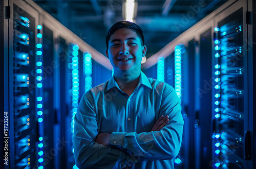Portrait of young man standing with arms crossed against server room in data center