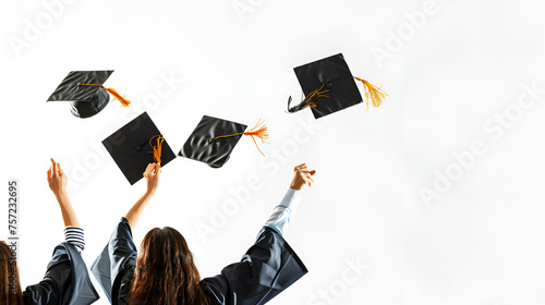 Graduates throwing graduation caps in the air, white background, jumping happily, ai generated