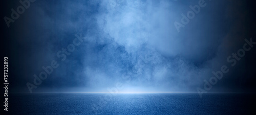 Dark scene road street asphalt blue background, fog in darkness, smoke and mist, neon light, spotlights, night view, Abstract defocused Halloween backdrop, stage shows, floor and studio room