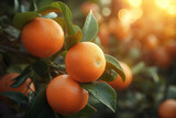 ripe orange tangerines on the branches. Tangerine tree on plantation