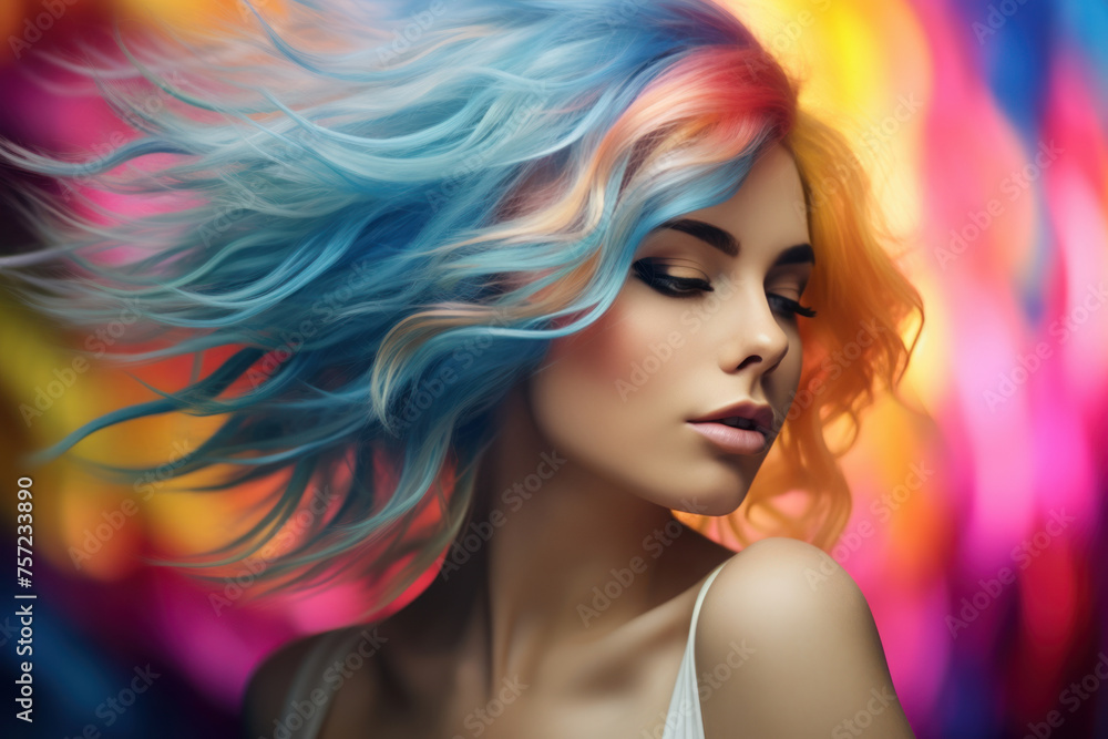 Portrait of a young woman with rainbow-colored hair, bokeh background