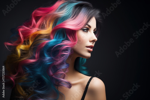 Portrait of a young woman with multi-colored wavy hair, dark background
