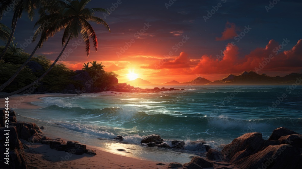 Sunset or sunrise on the beach . A panorama of a beautiful beach with white sand and turquoise water. Summer beach holiday background. A sea wave on a sandy beach.