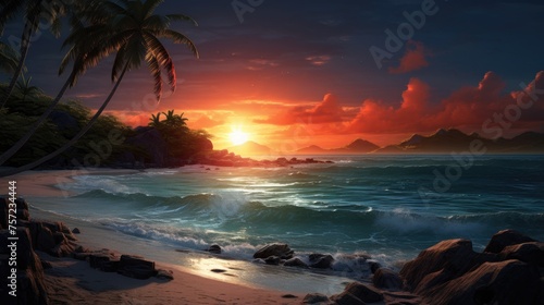 Sunset or sunrise on the beach . A panorama of a beautiful beach with white sand and turquoise water. Summer beach holiday background. A sea wave on a sandy beach.