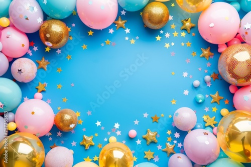 Colorful festive background frame made of colorful balloons and gold stars.
