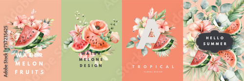 Watercolor floral cards design templates with watermelon