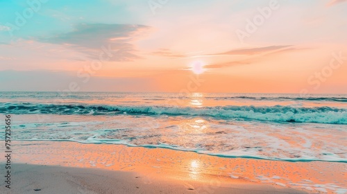 Sea sand beach. Panoramic beach landscape. Inspire tropical beach seascape horizon. Orange and golden sunset sky calmness tranquil relaxing sunlight summer mood. Vacation travel holiday banner. © Zoe