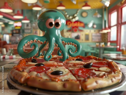 etro animated scene of a lively squid character jiving atop a classic pizza photo