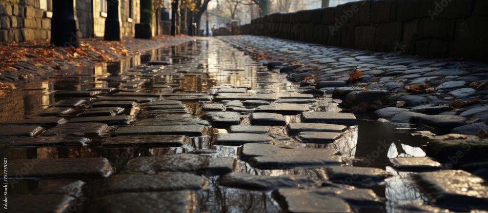 A puddle of water reflects the city buildings, wooden vehicles, and cobblestone streets. The scene is like an art piece in the urban landscape