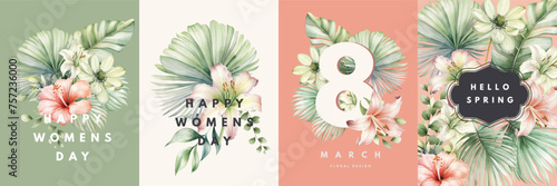 Watercolor cards design templates with flowers and leaves