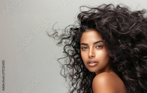 Beautiful Browm Woman with Shiny and Volumous Hair, Copy Space, Hair Products Advertising photo