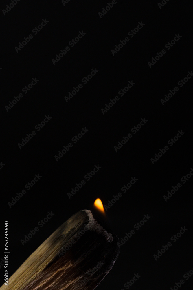 Palo santo burning with flame and smoke with dark background in ...