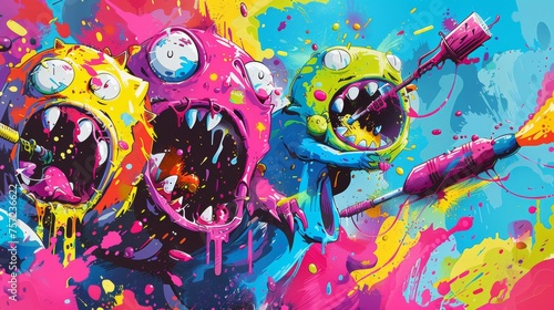 Colorful Cartoon Monsters at Paint Splatter War in a joyous paint shooting
