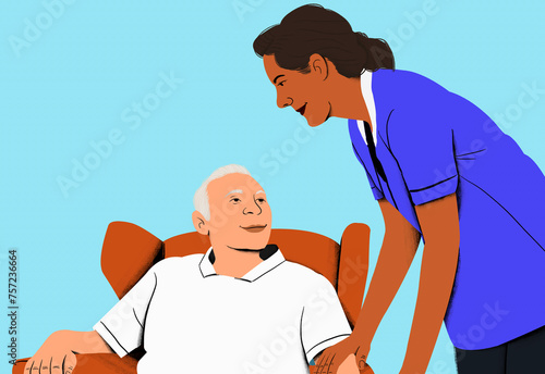 A caring nurse attending to an elderly man in a chair