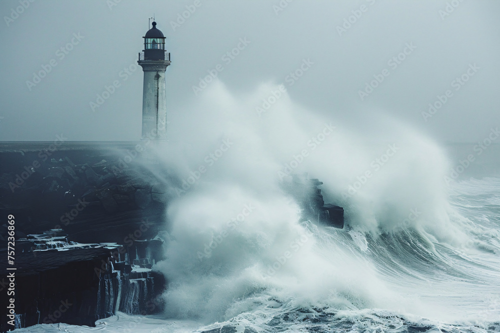Lighthouse on cliff with powerful waves crashing. Black and white moody seascape. Marine navigation and safety, stormy weather and the power of nature concept