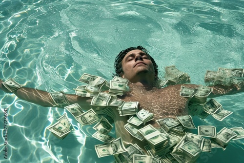 man swimming in a pool with money. To be rolling in money.  wealth and success concept
