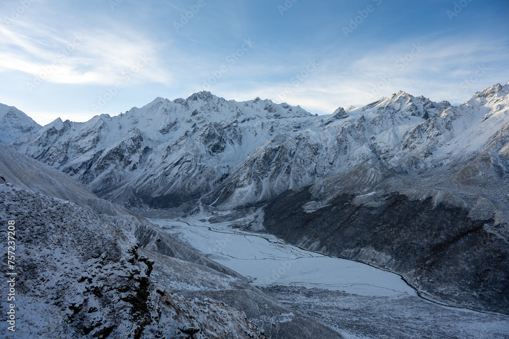 Winter's Embrace: Snow-Clad Langtang Valley on the Kyanjin Ri Ascent, Nepal